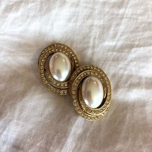 {Vintage} Faux Pearl + Rhinestone Clip On Earrings